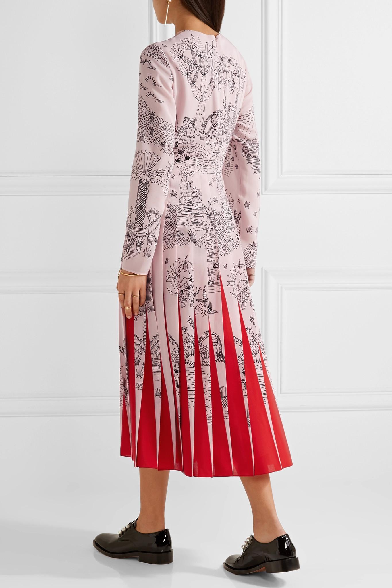 Valentino Pleated Printed Silk Crepe De Chine Midi Dress in Pastel 